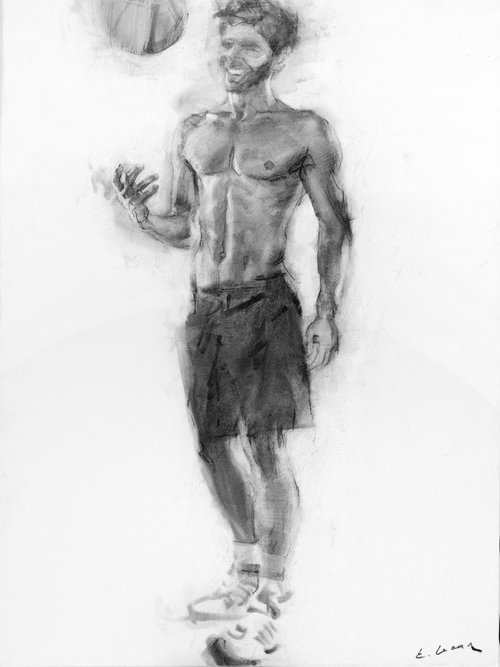 Charcoal drawing on paper "A guy with a ball" by Eugene Segal