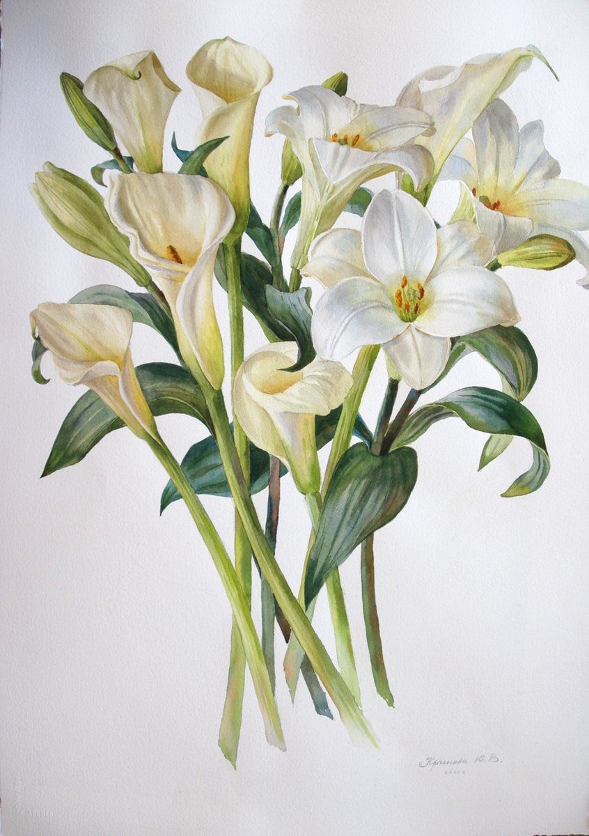 Photorealistic Botanical Watercolour By Yulia Krasnov, 22 X 30", Lilies And Zantedeschias, Original Artwork