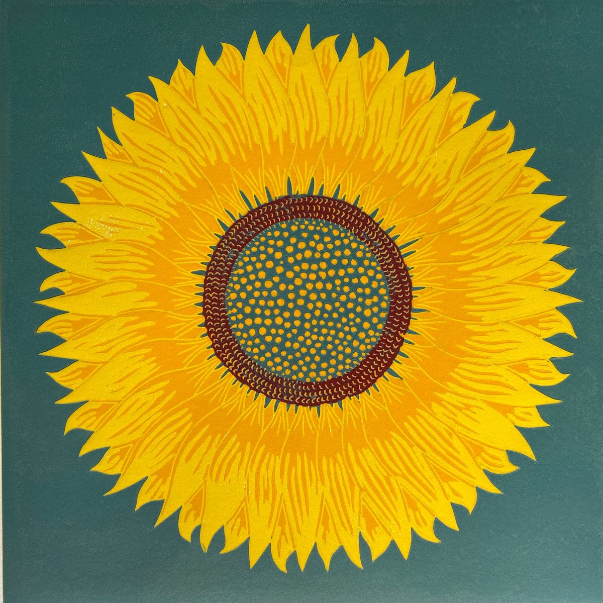 Illustrative Botanical Linocut By Nathalie Pymm Art, 12 X 12", Sunflower, Original Artwork