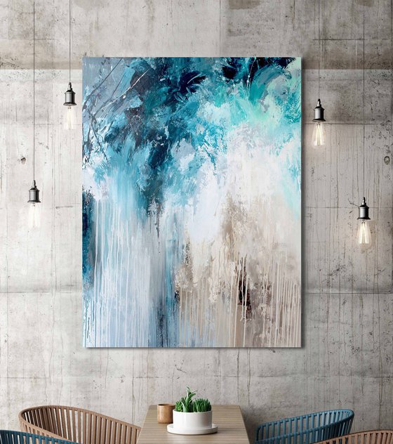 "Water streams" Teal navy blue gray art
