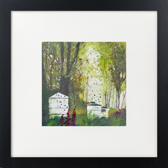 Two bee scenes framed