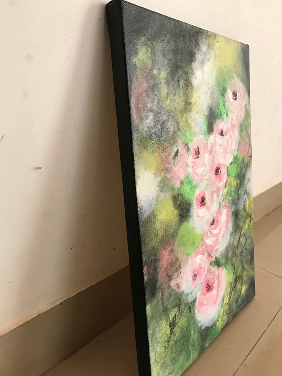 Vintage Pink Roses !! Ready to hang !! Abstract !! Floral Painting !!