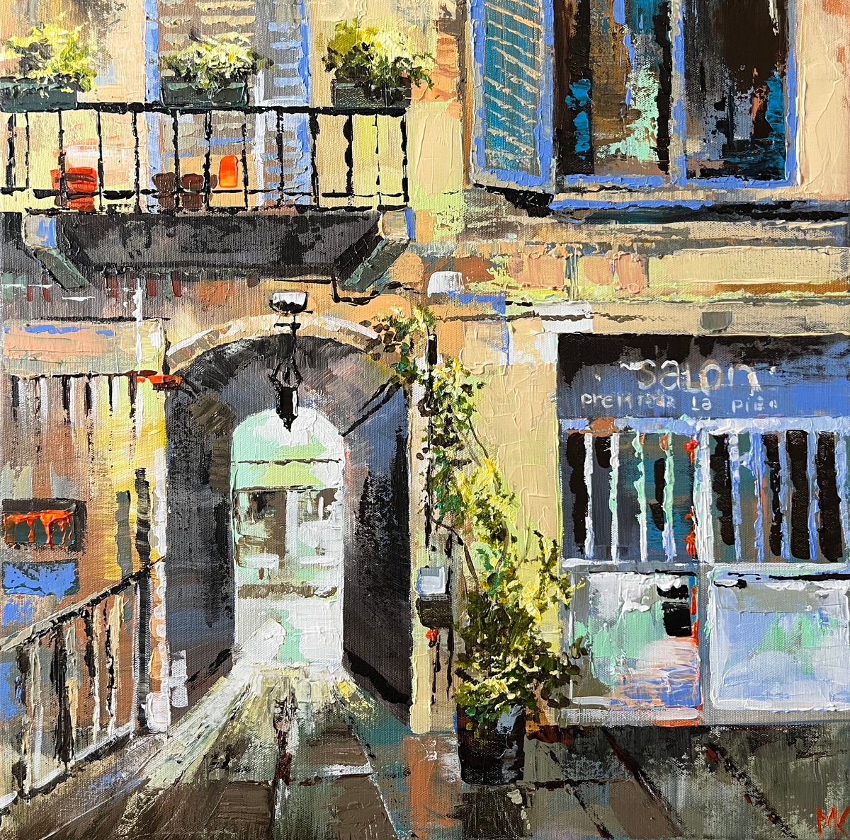 Impressionistic Cityscapes Acrylic Painting By Maria Kireev, 20 X 20", Italian Courtyard Balcony, Original Artwork