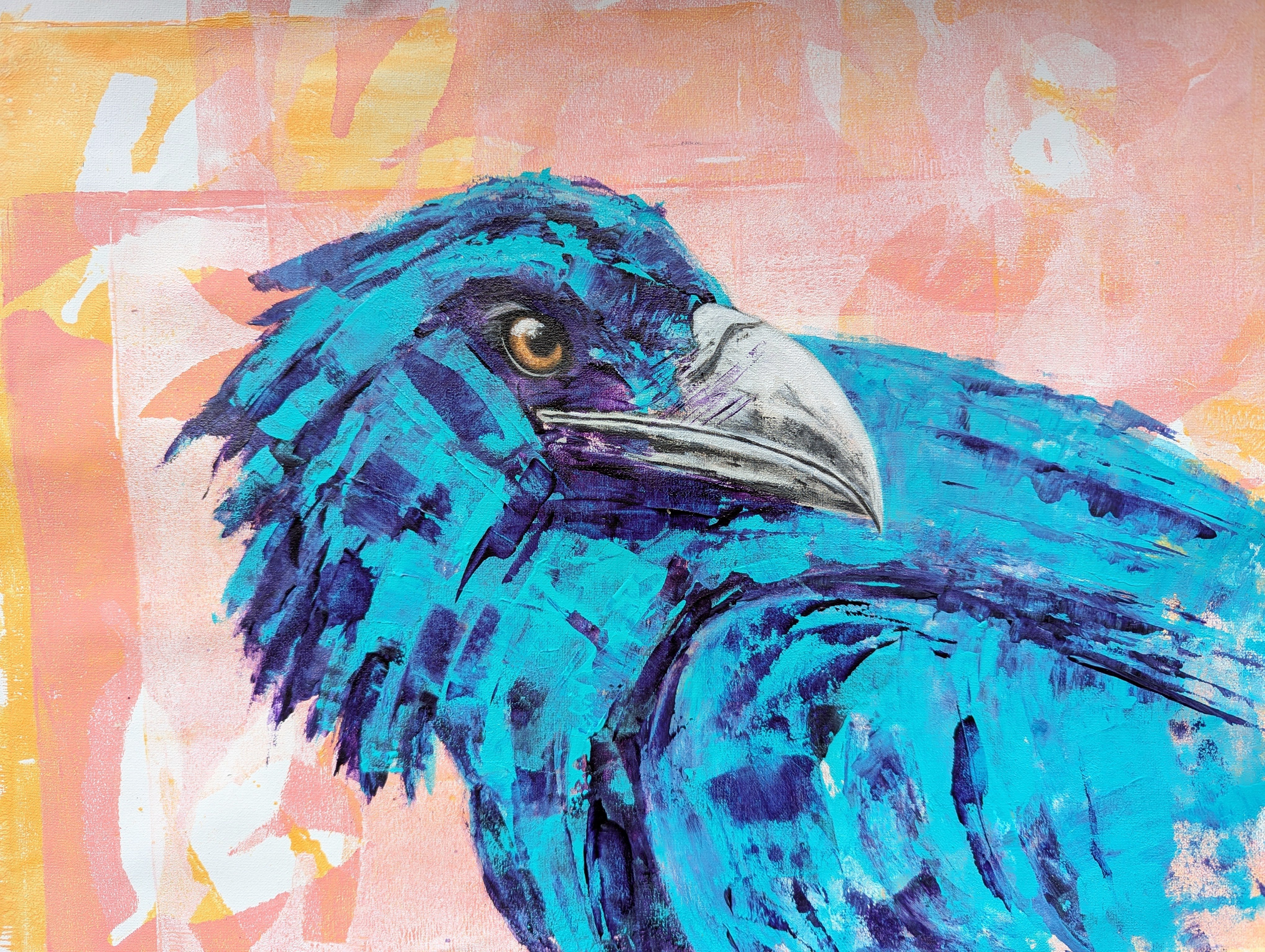 Organic Animal Acrylic Painting By Wowhawk, 19 X 16", Electric Raven, Original Artwork