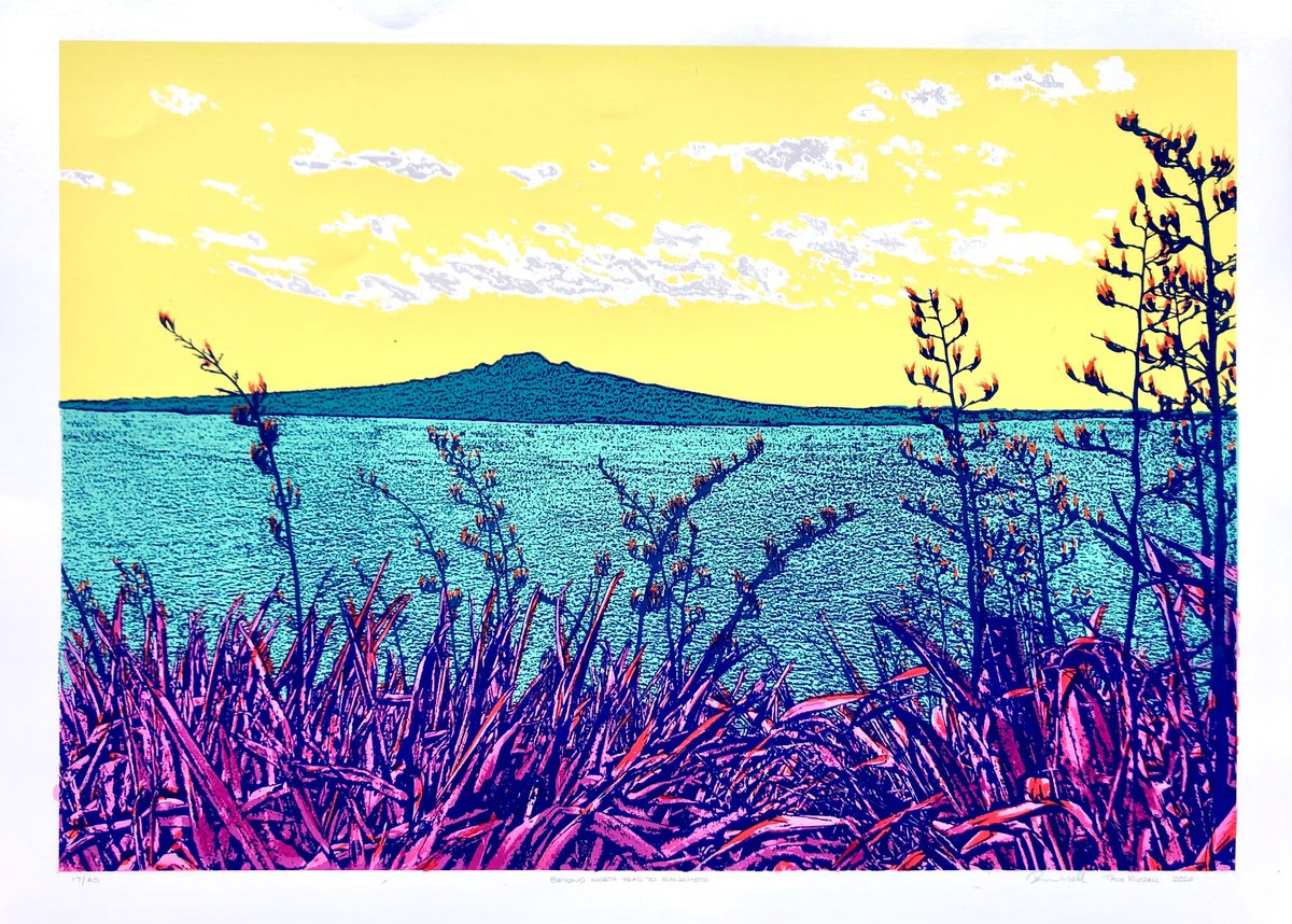 Landscape Screenprint By Talia Russell, 39 X 28", Beyond North Head To Rangitoto, Original Artwork