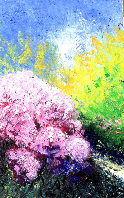 Pink flowers in a sunny day  landscape. ORIGINAL OIL PAINTING ON CANVAS by Olya Shevel