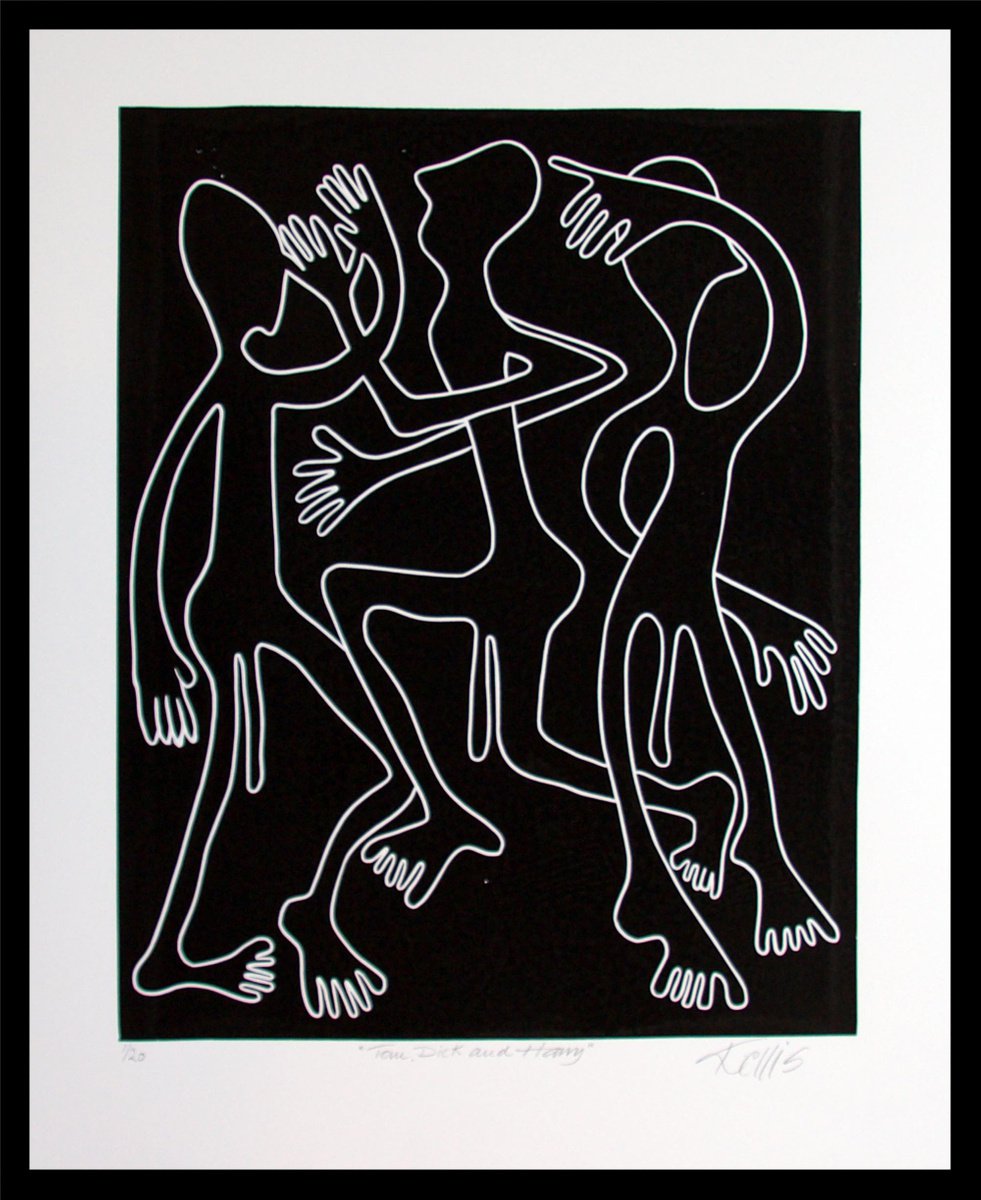 Tom, Dick and Harry, black and white linocut by Mariann Johansen-Ellis