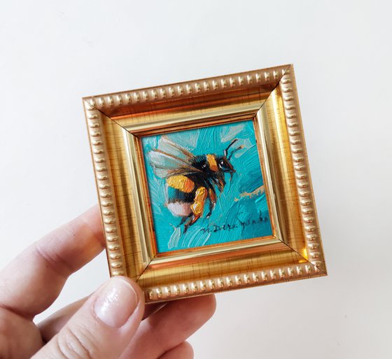 Bumblebee artwork blue turquoise oil painting original 2x2, Bumblebee home decor wall art mini painting funny gift for her