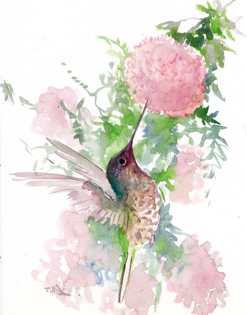 Hummingbird and Pink Flowers by Suren Nersisyan