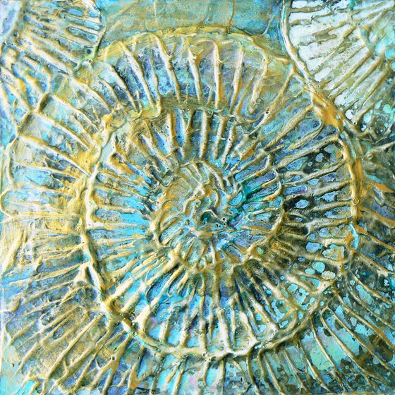 Fossil #4 (ammonite textured painting with gold highlights ) Framed ready to hang original