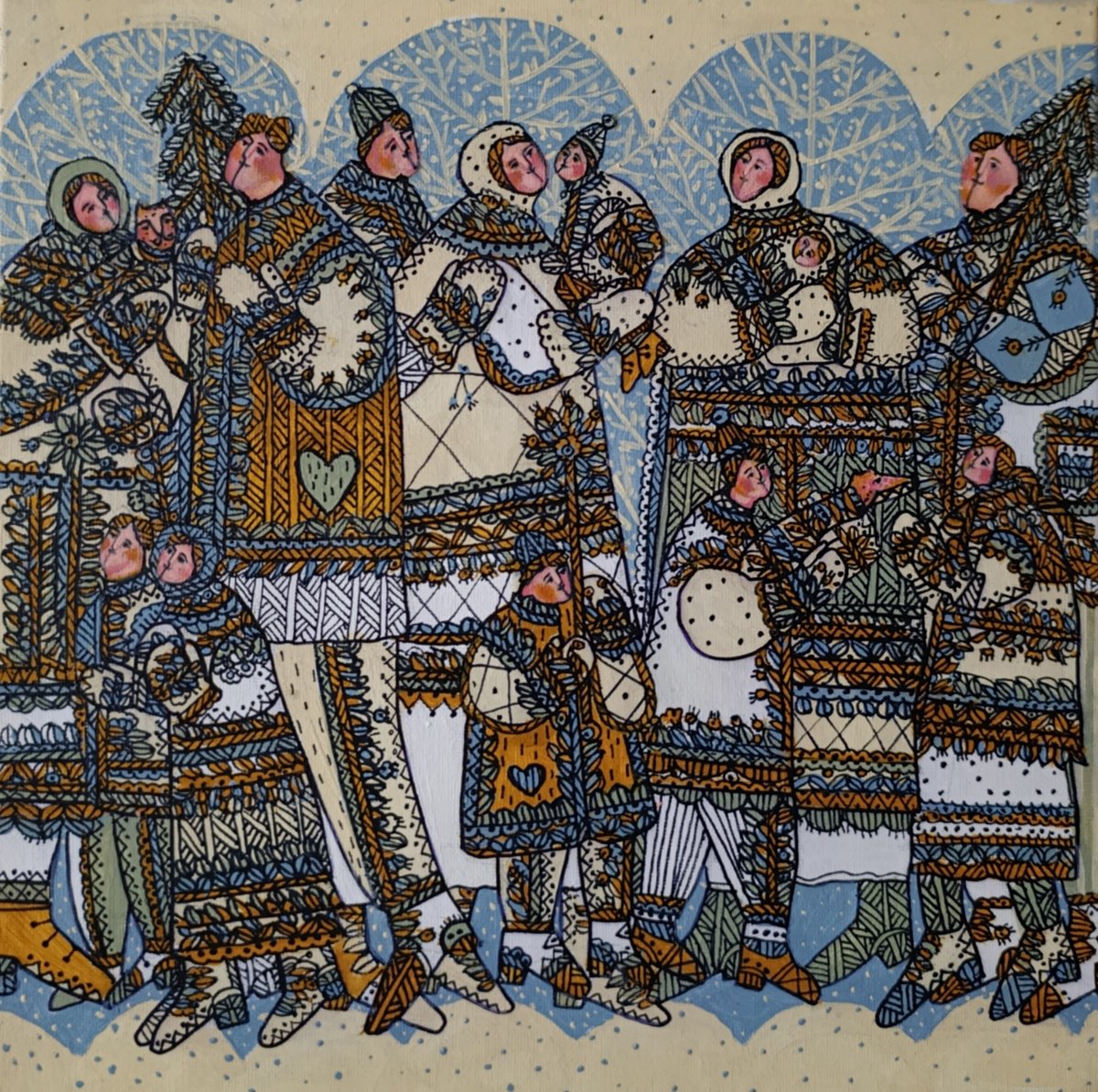 Naive Portrait Acrylic Painting By Tetiana Osadchuk, 12 X 12", Happy Winter., Original Artwork