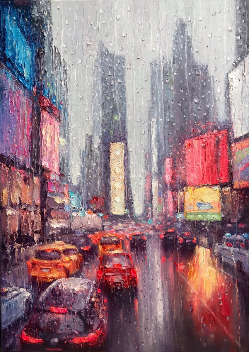 Impressionistic Cityscapes Oil Painting By Artem Grunyka, 20 X 28, Neon Drizzle, Original Artwork