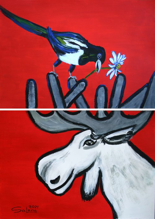 Elk and Magpie / Diptych /  ORIGINAL PAINTING by Salana Art Gallery