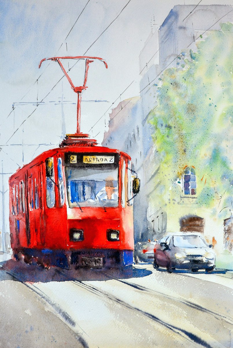 Old red tram Belgrade 35x54cm 2022 by Nenad Kojic watercolorist