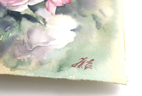 Pink roses on green, Rose garden in watercolor