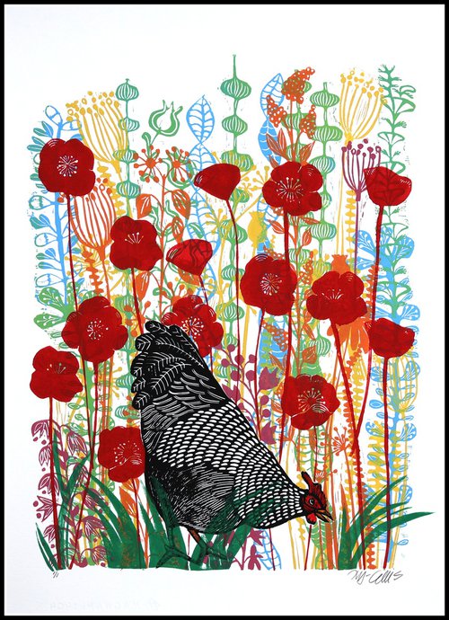 Black hen in the Poppies by Mariann Johansen-Ellis