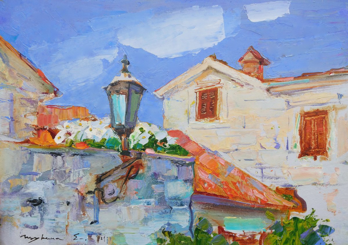 Roofs of the city of Perast. Montenegro . Original plein air oil painting . by Helen Shukina