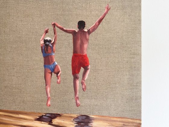 Jump with me - Couple Swimmer on Beach Painting