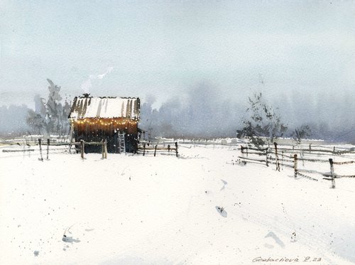 Hut in the snow by Eugenia Gorbacheva