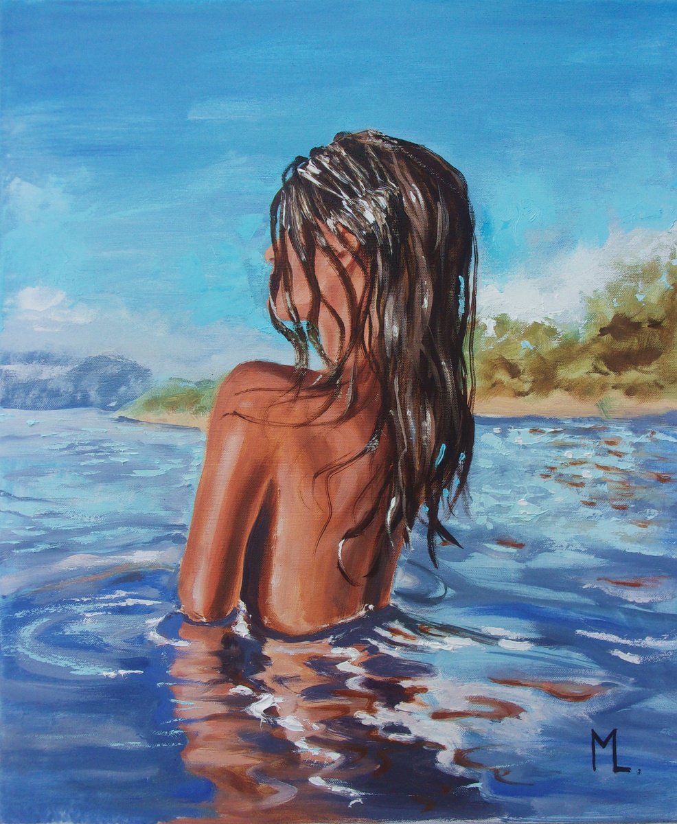 Expressive Portrait Oil Painting By Monika Luniak, 20 X 24", " Happy Blue Time ", Original Artwork