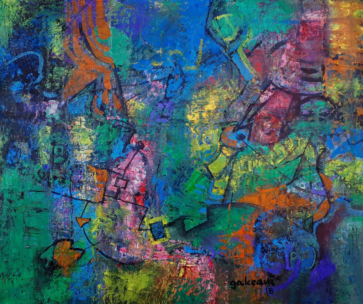 Abstract painting oil on canvas, 41x34 cm, Small Painting, Transmigration by Constantin Galceava