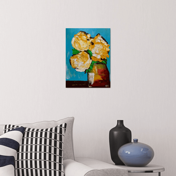 ABSTRACT BOUQUET OF Yellow Roses  #17 ( NAIVE COLLECTION)  palette   knife Original Acrylic painting office home decor gift