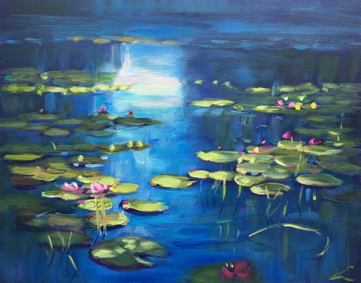 Impressionistic Botanical Oil Painting By Elena Sokolova, 20 X 16, Waterlilies 4, Original Artwork