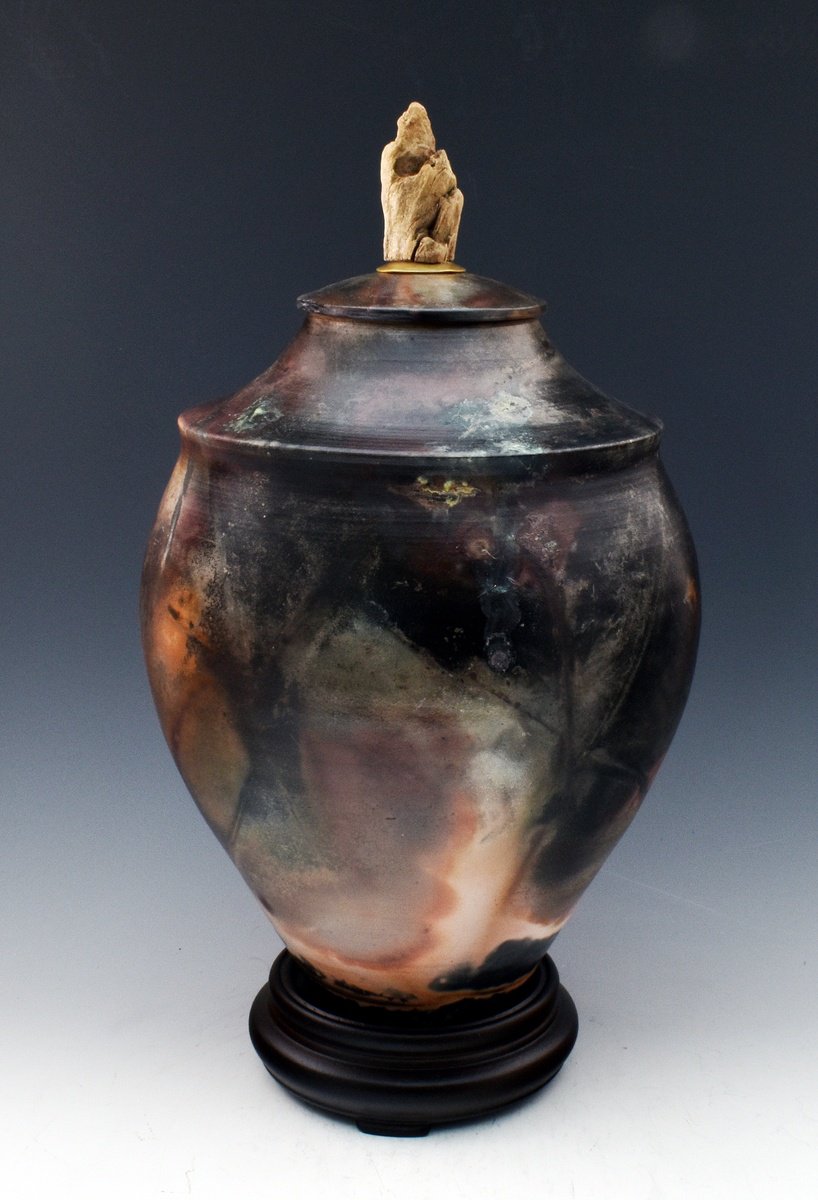 Sagger fired covered vessel urn B234 by Ron Mello