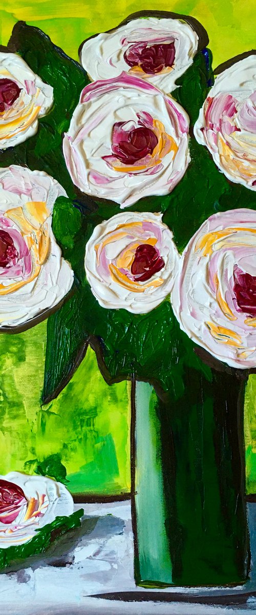 White Roses on Green by Olga Koval