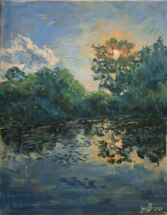 THE EVENING LAKE – original painting sunset cold palette