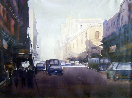 City at Early Morning-Watercololor painting.