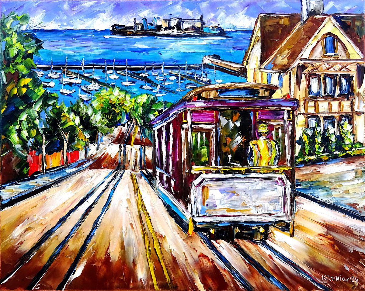Expressive Cityscapes Oil Painting By Mirek Kuzniar, 20 X 16", The Cable Car Of San Francisco, Original Artwork