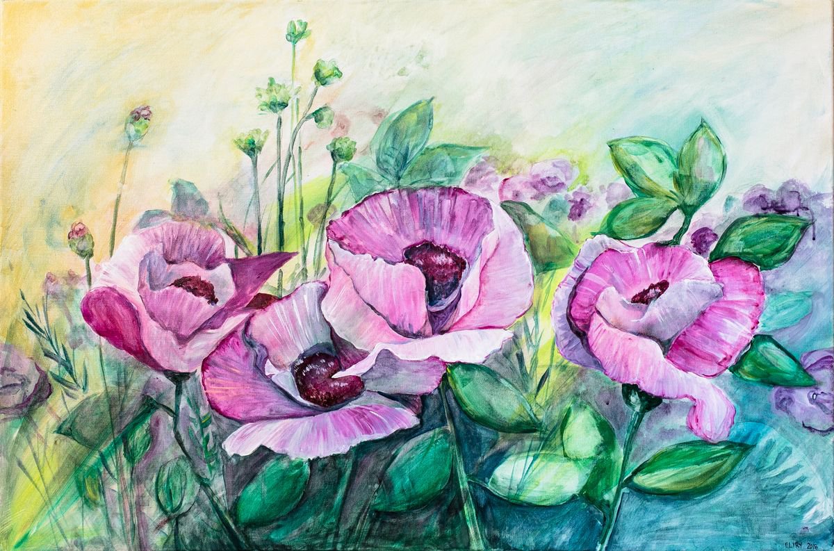 Expressive Botanical Acrylic Painting By Eliry Arts, 36 X 24, Soft Serendipity I, Original Artwork