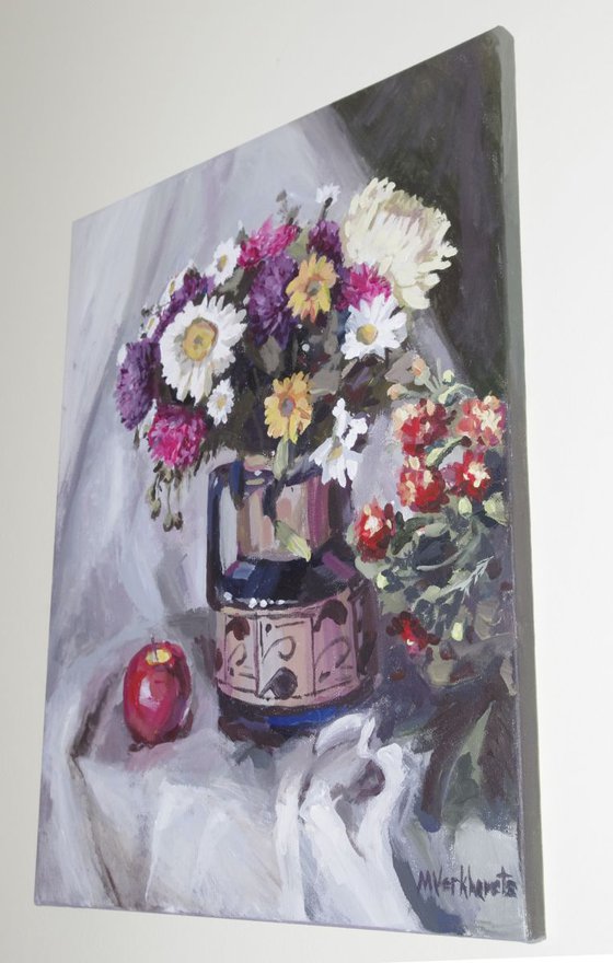 Floral still life with apple. --- (Gift idea, original acrylic painting, bunch of flowers in vase with red fruit. Ready to hung gallery wrapped.)
