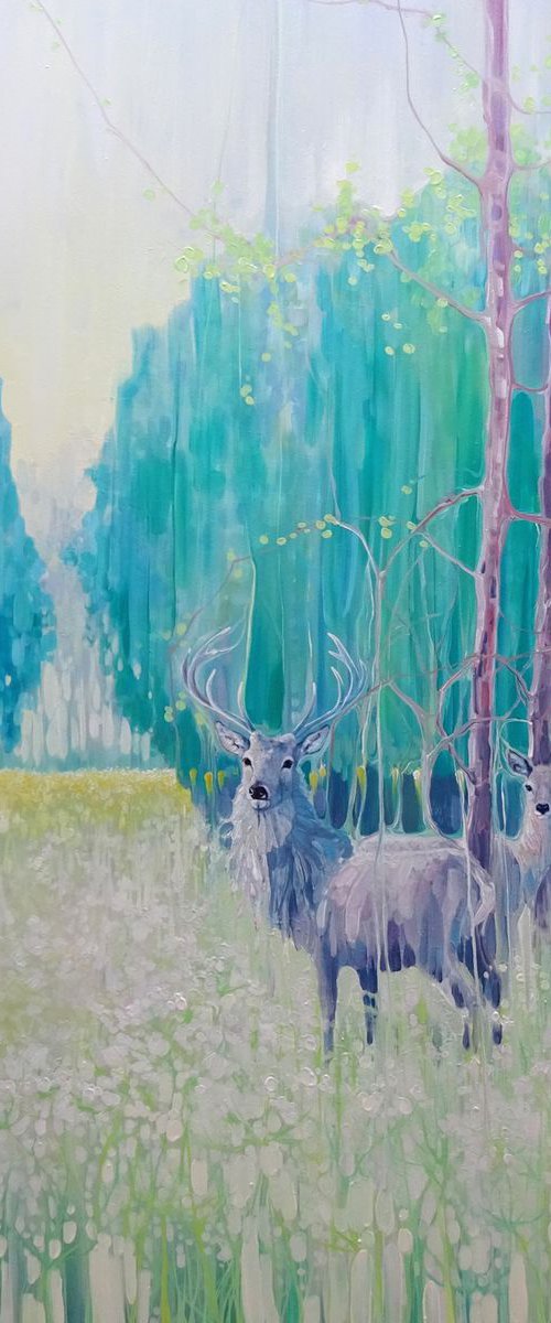 Monarchs of Spring - a large oil painting of a green spring meadow with deer by Gill Bustamante