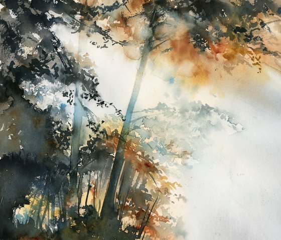 Autumnal forest, Light rays in a Morning fog Watercolor Painting