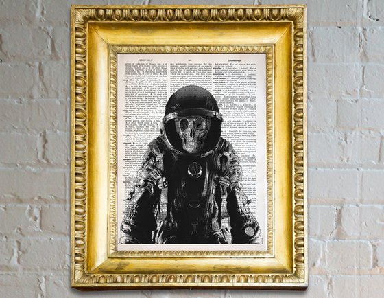 Astronaut Skull - Gothic Collage Art Print on Large Real English Dictionary Vintage Book Page