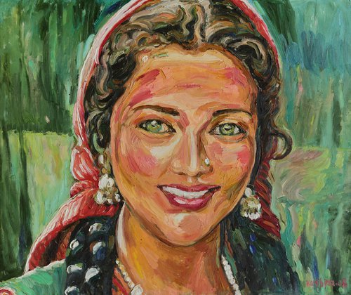 GIRL IN A RED SCARF - portrait of an Indian girl, original painting oil on canvas, smile eyes face love beauty by Karakhan