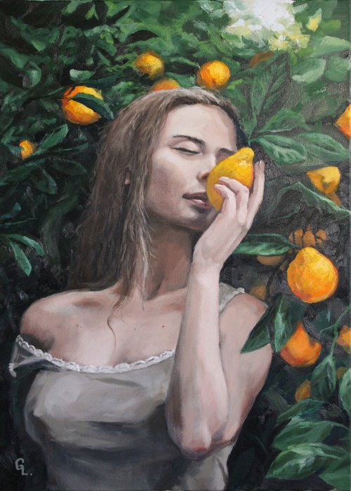 Girl with lemons. Original painting 50x70 cm. As a gift. by Linar Ganeev
