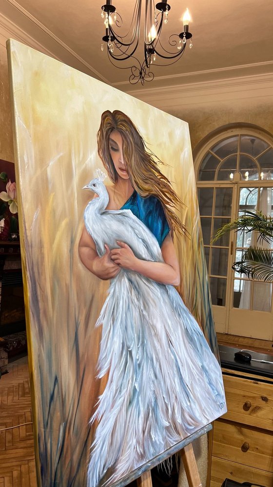 Dignity, oil painting, Picture of a girl, beautiful girl, girl in a dress, Portrait of a girl, painting with meaning, peacock, peacock picture, peacock girl, white peacock, symbol of dignity