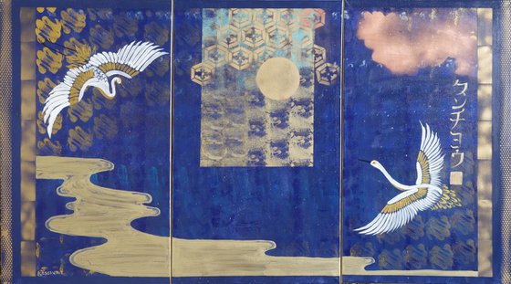 Japanese crane night Japan Hieroglyph blue original artwork J117 large acrylic painting wall art for Lounge, Office or above sofa