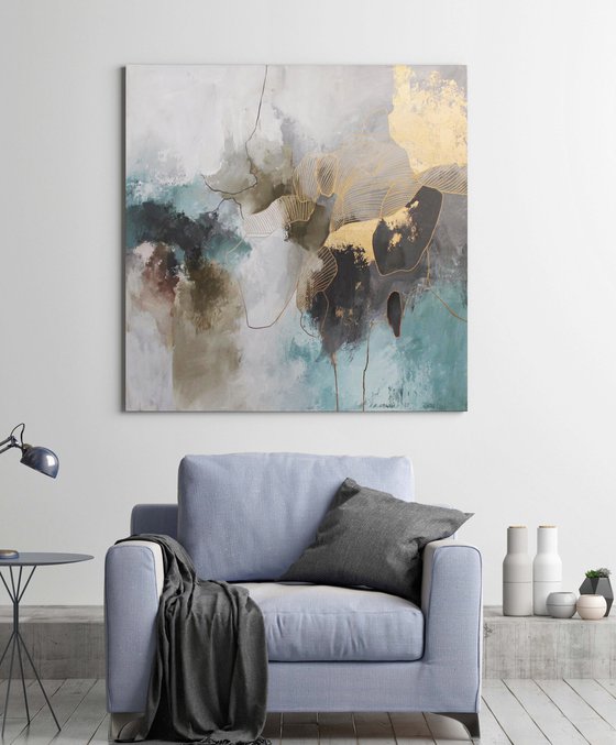 "Miracle" Abstract teal and gold acrylic art