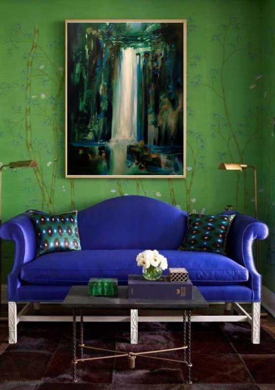 Double deck green waterfall - original acrylic painting- 81 x 65 cm -32' x 23,5'