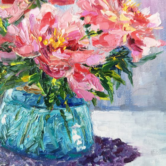 Peonies. Pink peony bouquet, small oil painting