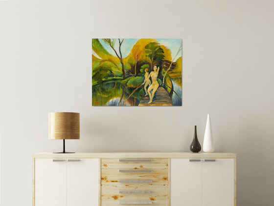 ON THE BRIDGE - woman nude oil painting with two naked girls near the lake bedroom art décor gift idea