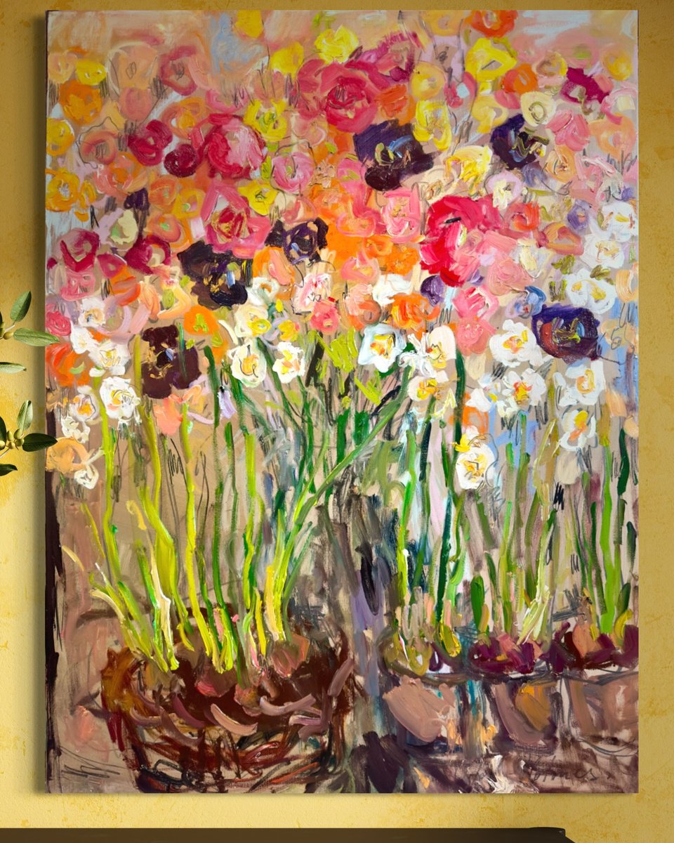 Impressionistic Botanical Oil Painting By Lilia Orlova-Holmes, 35 X 47", Fresh Flowers., Original Artwork