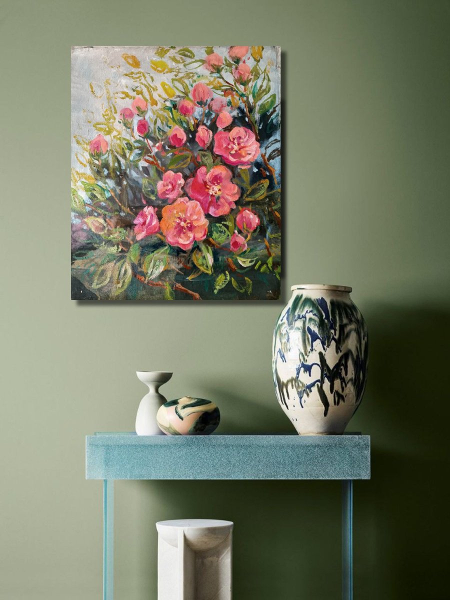 Expressive Botanical Oil Painting By Olga Lomax, 16 X 20", Wild Roses, Original Artwork