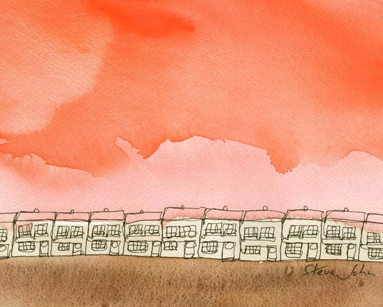 Terraced houses with peachy orange and brown washes. Continuous Line Artwork