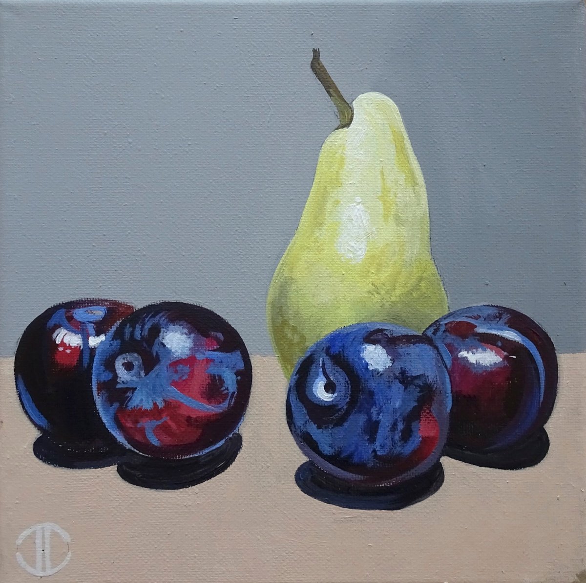 Impressionistic Still Life Acrylic Painting By Joseph Lynch, 8 X 8, Pear And Plums, Original Artwork