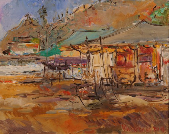 Cafe in Arambol. Goa, India - Seashore Landscape - Oil Painting - Plein Air - Medium Size